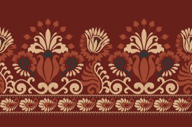 Ikat çiçekli şal desenli Crimson arkaplan nakışı. Etnik oryantal desen geleneği. Doku, kumaş, elbise, ambalaj, dekorasyon, sarong için tasarım..