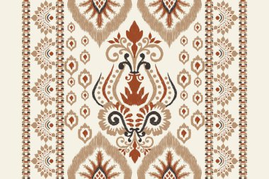 Beyaz arka plana Ikat desenli desenli işleme.Etnik oryantal desen geleneği. Doku, kumaş, giysi, ambalaj, dekorasyon, atkı, halı için soyut vektör çizimi.