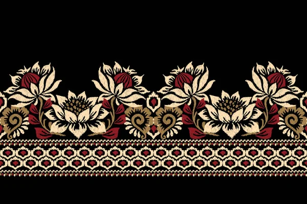 Ikat Bordado Paisley Floral Sobre Fondo Negro Ikat Patrón Étnico — Vector de stock