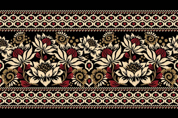 Ikat Bordado Paisley Floral Sobre Fondo Negro Ikat Patrón Étnico — Vector de stock