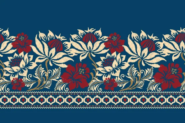 Ikat Bordado Paisley Floral Sobre Fondo Azul Ikat Patrón Étnico — Vector de stock
