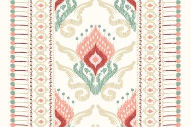 Beyaz arka plana Ikat desenli desenli işleme.Etnik oryantal desen geleneği. Doku, kumaş, giysi, ambalaj, dekorasyon, atkı, halı için soyut vektör çizimi.