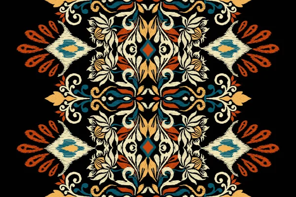 黒の背景にイカットの花のペイズリー刺繍 イカットの民族的な東洋のパターンの伝統 アステカスタイル抽象的なベクトルのイラスト — ストックベクタ
