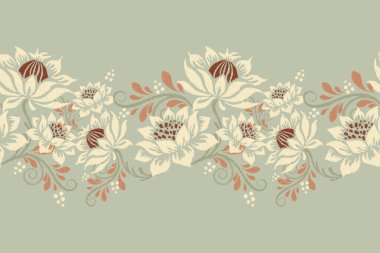 Yeşil arka planda Ikat desenli desenli işleme.Etnik oryantal desen geleneği. Doku, kumaş, giysi, ambalaj, dekorasyon, sarong, eşarp için soyut vektör çizimi.