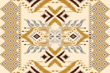 Krem zemin üzerine Ikat desenli desenli işlemeler. Etnik oryantal desen geleneği. Doku, kumaş, giysi, ambalaj, dekorasyon, atkı, halı gibi soyut vektör çizimleri.