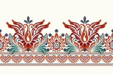 Beyaz arka plana Ikat desenli desenli işleme.Etnik oryantal desen geleneği. Doku, kumaş, giysi, ambalaj, dekorasyon, sarong, eşarp için soyut vektör çizimi.