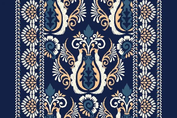 ネイビーブルーの背景にイカットの花ペイズリー刺繍 イカットの民族的な東洋のパターンの伝統 アステカスタイル抽象的なベクトルイラスト テクスチャ ファブリック ラッピング カーペットのためのデザイン — ストックベクタ