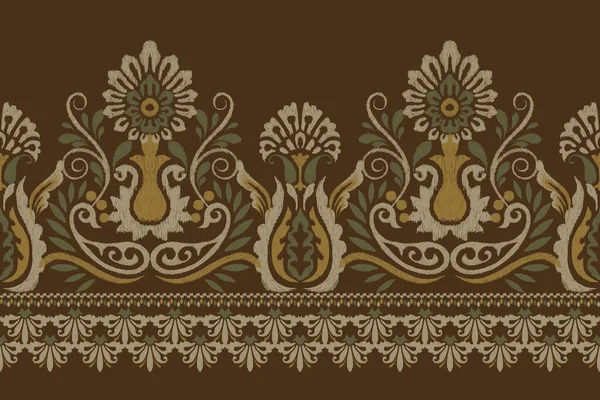 Ikat Květinové Paisley Výšivky Hnědém Pozadí Ikat Etnický Orientální Vzor — Stockový vektor