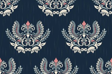 Ikat çiçekli şal desenli lacivert arka plan nakışı. Etnik doğuya özgü dikişsiz desen geleneği. Doku, kumaş, giysi, ambalaj, dekorasyon için tasarım.