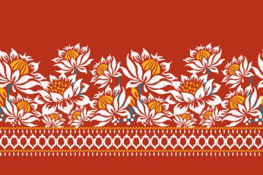 Kırmızı arka planda Ikat desenli desenli işlemeler. Etnik oryantal desen geleneği. Doku, kumaş, giysi, ambalaj, dekorasyon, sarong, eşarp için soyut vektör çizimi..