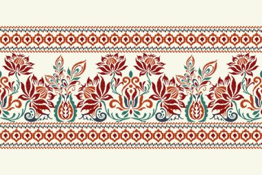 Beyaz arka plana Ikat desenli desenli işleme.Etnik oryantal desen geleneği. Doku, kumaş, giysi, ambalaj, dekorasyon, sarong, eşarp için soyut vektör çizimi.