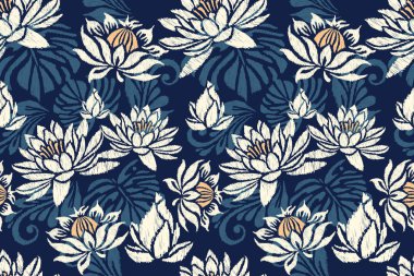 Ikat çiçekli şal desenli lacivert arka plan nakışı. Etnik doğuya özgü dikişsiz desen geleneği. Doku, kumaş, giysi, ambalaj, dekorasyon için tasarım.