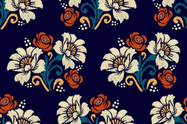 Koyu mor arkaplan üzerine Ikat çiçekli nakış. Etnik doğuya özgü dikişsiz desen geleneği. Soyut vektör çizimi. Doku, kumaş, sargı, halı tasarımı..