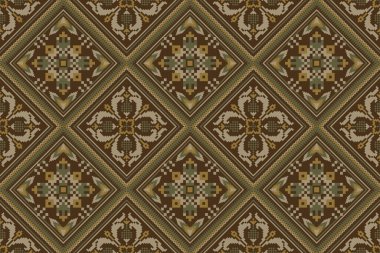 Kahverengi arka plan üzerine çiçek haçı nakışı. Geometrik etnik oryantal desen geleneği. Doku, kumaş, giysi, ambalaj, dekorasyon, sarong için soyut vektör çizimi..