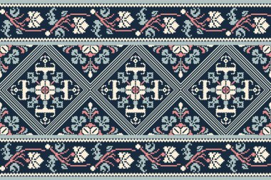 Deniz mavisi arka plan üzerine çiçek haçı nakışı. Geometrik etnik oryantal desen geleneği. Doku, kumaş, giysi, süsleme, dekorasyon için tasarım..