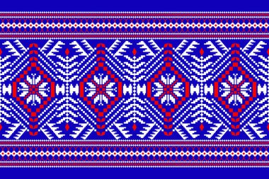 Mavi arka plan üzerine çiçek haçı nakışı. Geometrik etnik oryantal desen geleneği. Doku, kumaş, giysi, ambalaj, dekorasyon, sarong için tasarım..