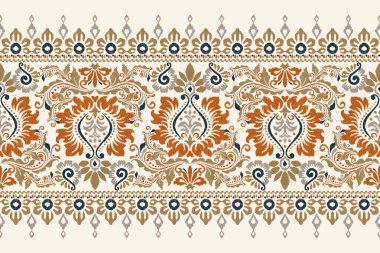 Beyaz arka plana Ikat desenli desenli işleme.Etnik oryantal desen geleneği. Doku, kumaş, giysi, ambalaj, dekorasyon, sarong, eşarp için soyut vektör çizimi.