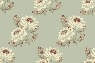 Ikat çiçekli desenli yeşil arka plan nakışı. Etnik doğuya özgü dikişsiz desen geleneği. Doku, kumaş, giysi, ambalaj, dekorasyon için tasarım..