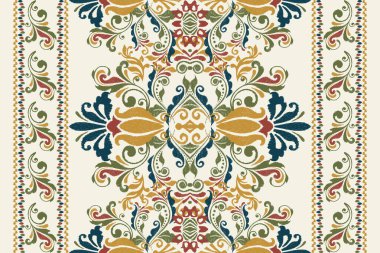 Beyaz arka plana Ikat desenli desenli işleme.Etnik oryantal desen geleneği. Doku, kumaş, giysi, ambalaj, dekorasyon, halı, eşarp için soyut vektör çizimi.