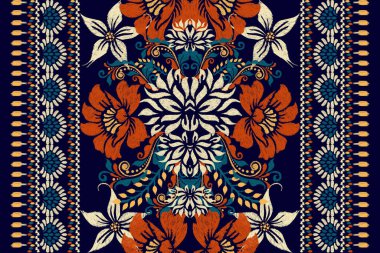 Koyu mor arkaplan üzerine Ikat desenli desenli işlemeler. Etnik oryantal desen geleneği. Doku, kumaş, elbise, ambalaj, dekorasyon, halı için tasarım.