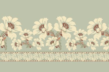 Yeşil arka planda Ikat desenli desenli işleme.Ikkat etnik doğu desenli geleneksel. Doku, kumaş, giysi, ambalaj, dekorasyon, sarong için tasarım..