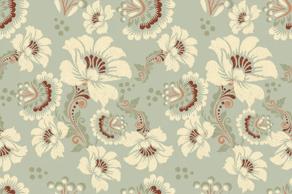 Ikat Broderie Paisley Floral Sur Fond Vert Ikat Ethnique Oriental — Image vectorielle