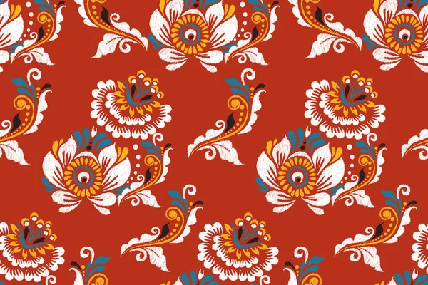 Ikat Bordado Paisley Floral Sobre Fondo Rojo Ikat Patrón Sin — Vector de stock
