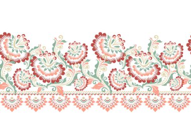 Beyaz arka plana Ikat desenli desenli işleme.Etnik oryantal desen geleneği. Doku, kumaş, giysi, ambalaj, dekorasyon, sarong, eşarp için soyut vektör çizimi.