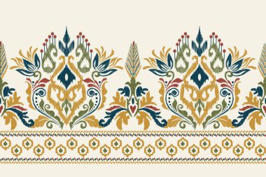 Beyaz arka plana Ikat desenli desenli işleme.Etnik oryantal desen geleneği. Doku, kumaş, giysi, ambalaj, dekorasyon, sarong, eşarp için soyut vektör çizimi.
