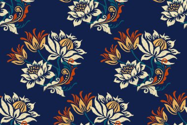 Ikat çiçekli şal desenli lacivert arka plan nakışı. Etnik doğuya özgü dikişsiz desen geleneği. Doku, kumaş, giysi, ambalaj, dekorasyon için tasarım.