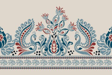 Gri arkaplana Ikat desenli desenli işleme.Etnik oryantal desen geleneği. Doku, kumaş, giysi, ambalaj, dekorasyon, sarong, eşarp için soyut vektör çizimi..