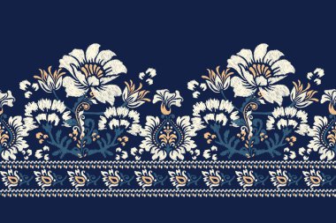 Ikat çiçekli şal desenli lacivert arka plan nakışı. Etnik oryantal desen geleneği. Doku, kumaş, giysi, ambalaj, dekorasyon, Sarong tasarımı..