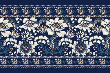 Ikat çiçekli şal desenli lacivert arka plan nakışı. Etnik oryantal desen geleneği. Doku, kumaş, giysi, ambalaj, dekorasyon, Sarong tasarımı..