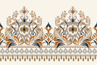 Beyaz arka plana Ikat desenli desenli işleme.Etnik oryantal desen geleneği. Doku, kumaş, giysi, ambalaj, dekorasyon, sarong, eşarp için soyut vektör çizimi.