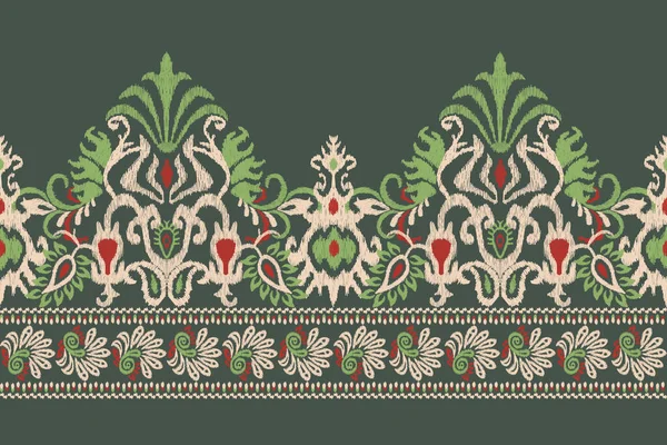 Ikat Floral Paisley Embroidery Green Background Ikat Ethnic Oriental Pattern — Stock Vector