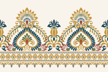 Beyaz arka plana Ikat desenli desenli işleme.Etnik oryantal desen geleneği. Doku, kumaş, giysi, ambalaj, dekorasyon, sarong, eşarp için soyut vektör çizimi.