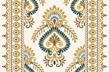 Beyaz arka plana Ikat desenli desenli işleme.Etnik oryantal desen geleneği. Doku, kumaş, giysi, ambalaj, dekorasyon, atkı, halı için soyut vektör çizimi.