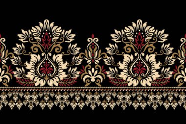 Siyah arkaplana Ikat desenli desenli işleme.Etnik oryantal desen geleneği. Doku, kumaş, giysi, ambalaj, dekorasyon, sarong, eşarp için soyut vektör çizimi.