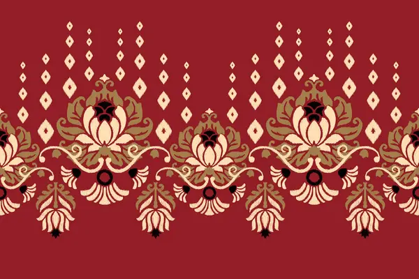 Ikat Bordado Paisley Floral Sobre Fondo Rojo Ikat Patrón Étnico — Archivo Imágenes Vectoriales