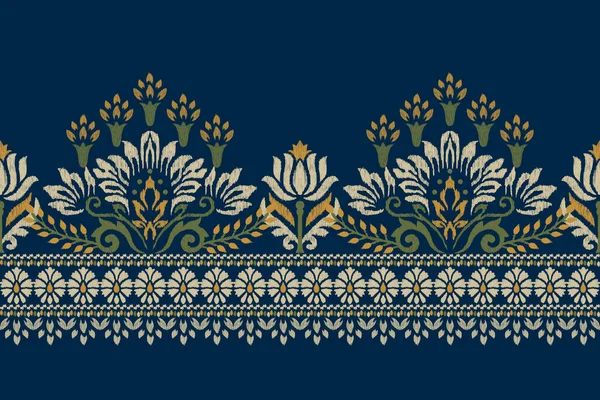 Ikat Broderie Paisley Floral Sur Fond Bleu Marine Suivi Motif — Image vectorielle