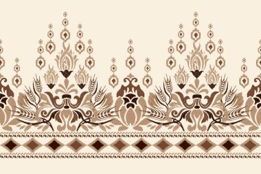 Beyaz arka plana Ikat desenli desenli işleme.Etnik oryantal desen geleneği. Doku, kumaş, giysi, ambalaj, dekorasyon, sarong, eşarp için soyut vektör çizimi.