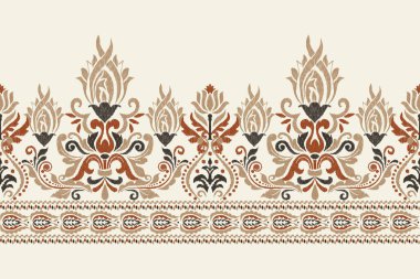 Beyaz arka plana Ikat desenli desenli işleme.Etnik oryantal desen geleneği. Doku, kumaş, giysi, ambalaj, dekorasyon, sarong, eşarp için soyut vektör çizimi.