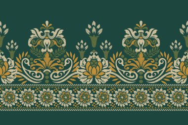 Yeşil arka planda Ikat desenli desenli işleme.Etnik oryantal desen geleneği. Doku, kumaş, giysi, ambalaj, dekorasyon, sarong, eşarp için soyut vektör çizimi.