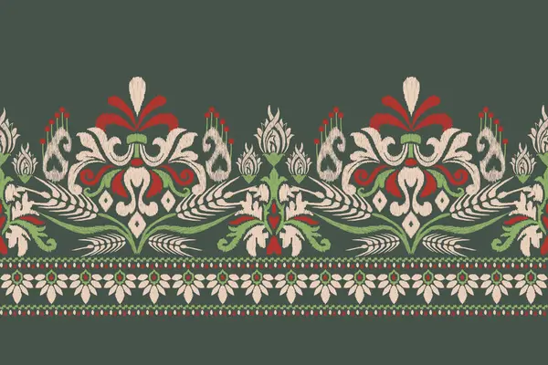 Ikat Bloemen Paisley Borduurwerk Groene Achtergrond Ikat Etnisch Oosters Patroon — Stockvector