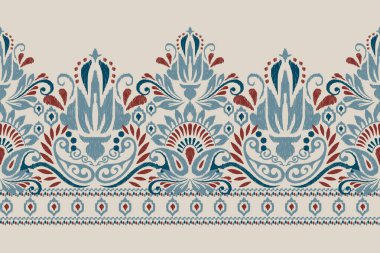 Gri arkaplandaki Ikat desenli desenli desenler. Etnik doğu desenli gelenek. Doku, kumaş, giysi, ambalaj, dekorasyon, sarong, eşarp için soyut vektör çizimi. 