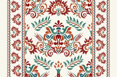 Beyaz arka plana Ikat desenli desenli işleme.Etnik oryantal desen geleneği. Doku, kumaş, giysi, ambalaj, dekorasyon, atkı, halı için soyut vektör çizimi.