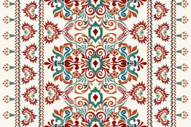 Beyaz arka plana Ikat desenli desenli işleme.Etnik oryantal desen geleneği. Doku, kumaş, giysi, ambalaj, dekorasyon, atkı, halı için soyut vektör çizimi.