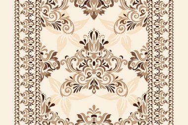 Krem zemin üzerine Ikat desenli desenli işlemeler. Etnik oryantal desen geleneği. Doku, kumaş, giysi, ambalaj, dekorasyon, atkı, halı gibi soyut vektör çizimleri.