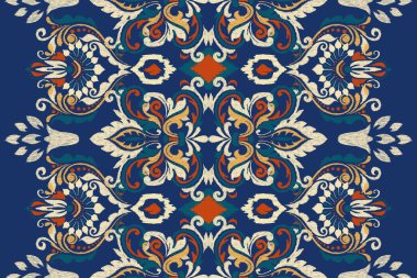 Mavi arka plana Ikat desenli desenli işleme.Etnik oryantal desen geleneği. Doku, kumaş, giysi, ambalaj, dekorasyon, atkı, halı için soyut vektör çizimi..