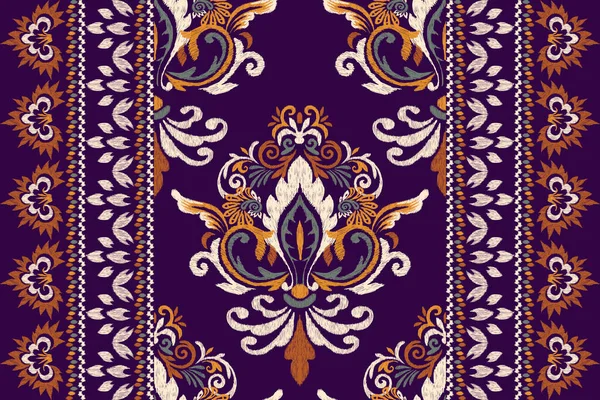 紫色の背景にイカットの花ペイズリー刺繍 イカットの民族的な東洋のパターンの伝統 アステカスタイル抽象的なベクトルのイラスト — ストックベクタ